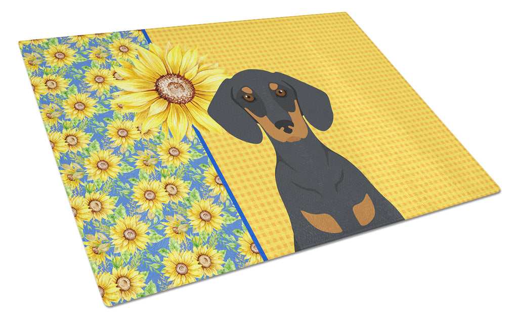 Summer Sunflowers Black and Tan Dachshund Cutting Board Tempered Glass Kitchen Cutting Surface, Heat Resistant Chopping, Non-Slip Feet, Food Prep & Serving