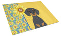 Summer Sunflowers Black and Tan Dachshund Cutting Board Tempered Glass Kitchen Cutting Surface, Heat Resistant Chopping, Non-Slip Feet, Food Prep & Serving