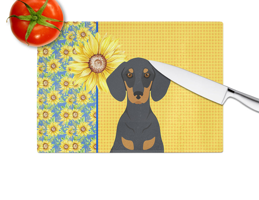 Summer Sunflowers Black and Tan Dachshund Cutting Board Tempered Glass Kitchen Cutting Surface, Heat Resistant Chopping, Non-Slip Feet, Food Prep & Serving