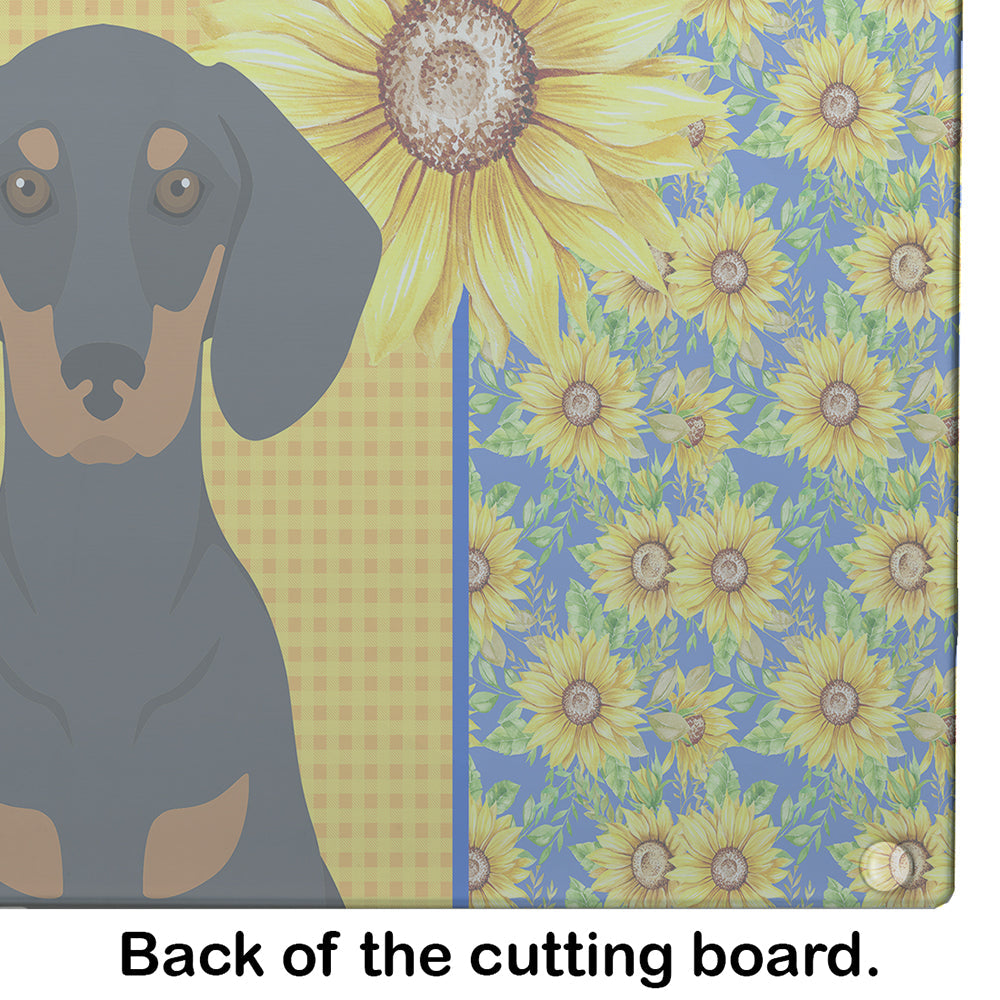 Summer Sunflowers Black and Tan Dachshund Cutting Board Tempered Glass Kitchen Cutting Surface, Heat Resistant Chopping, Non-Slip Feet, Food Prep & Serving