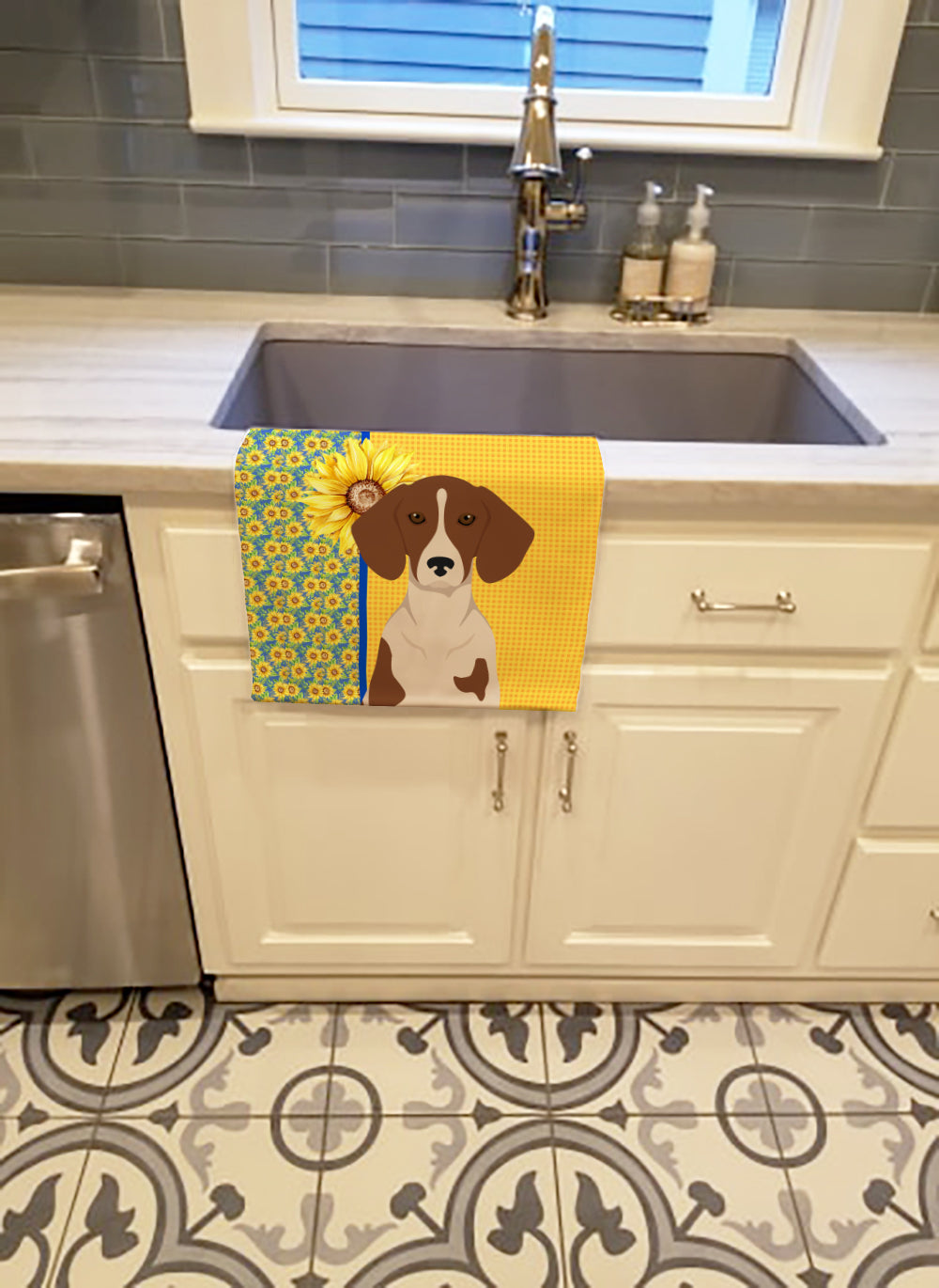 Summer Sunflowers Red Piebald Dachshund Kitchen Towel Velour Plush Front and Cotton Loop Back Machine Washable