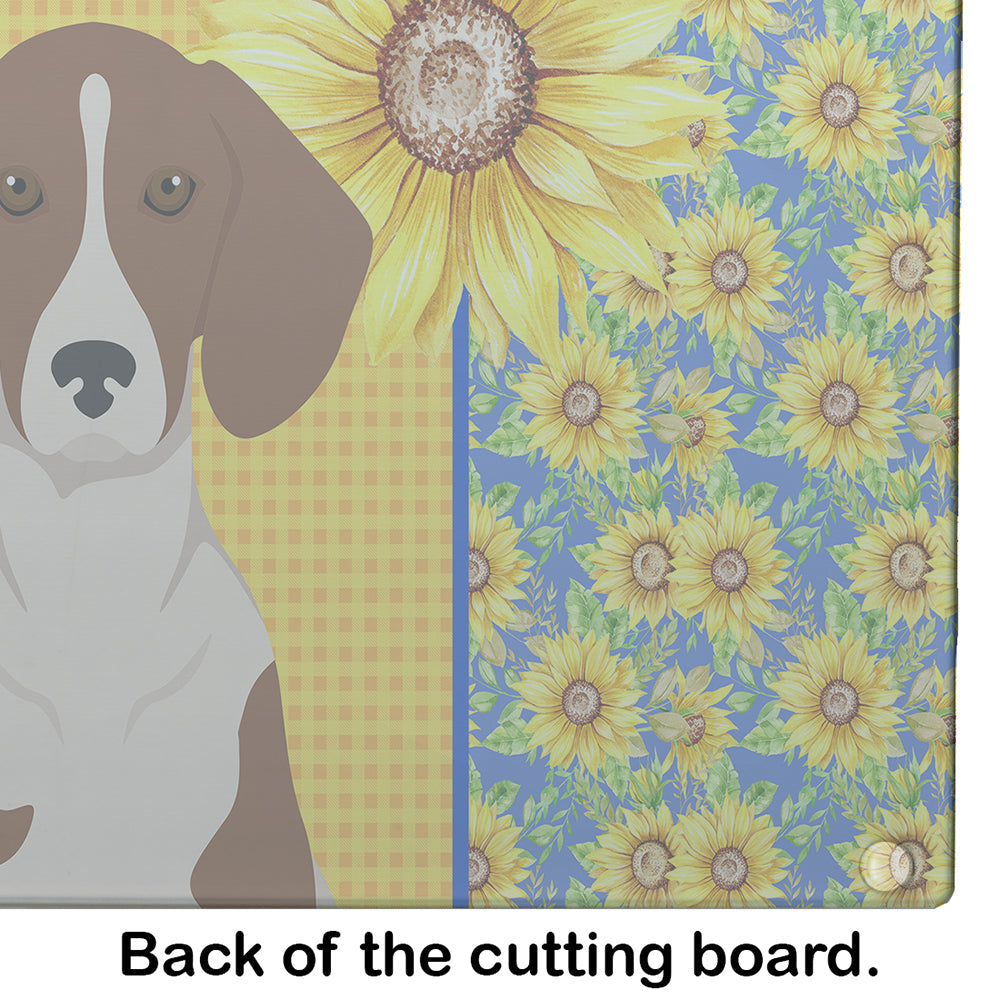 Summer Sunflowers Red Piebald Dachshund Cutting Board Tempered Glass Kitchen Cutting Surface, Heat Resistant Chopping, Non-Slip Feet, Food Prep & Serving