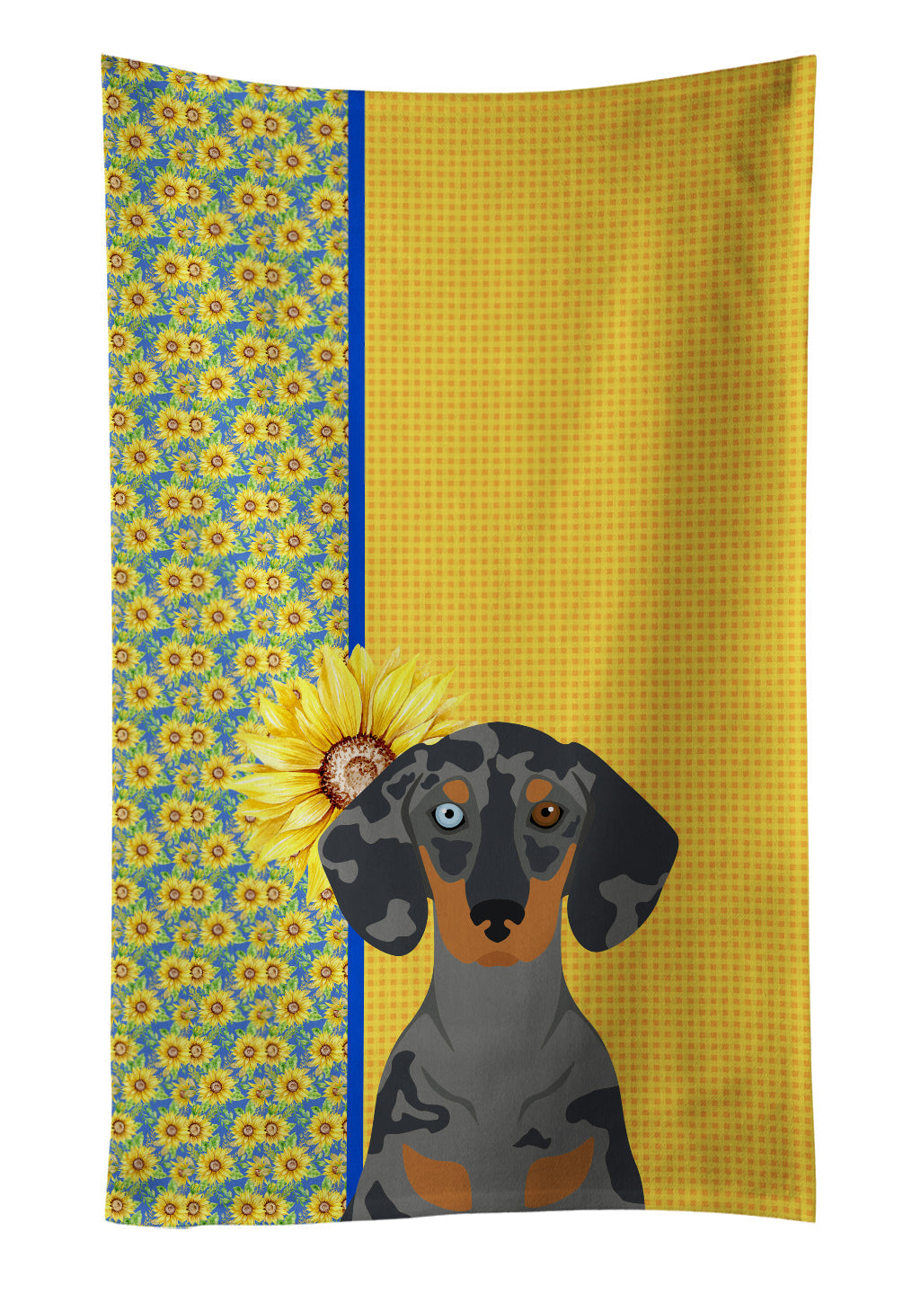 Summer Sunflowers Black Dapple Dachshund Kitchen Towel Velour Plush Front and Cotton Loop Back Machine Washable