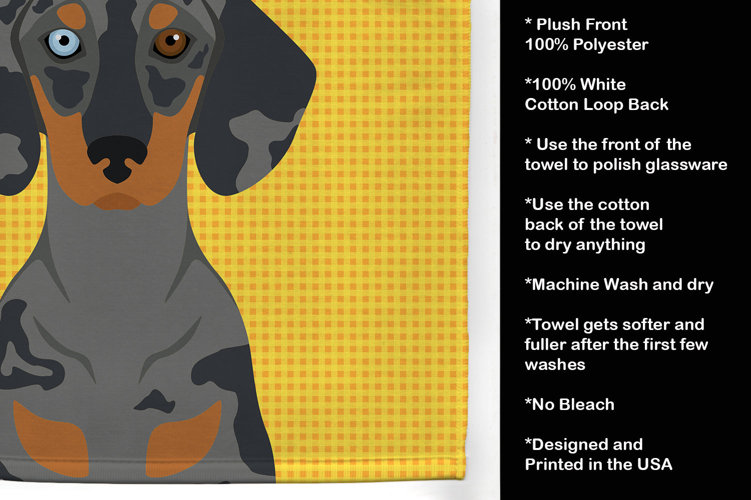 Summer Sunflowers Black Dapple Dachshund Kitchen Towel Velour Plush Front and Cotton Loop Back Machine Washable