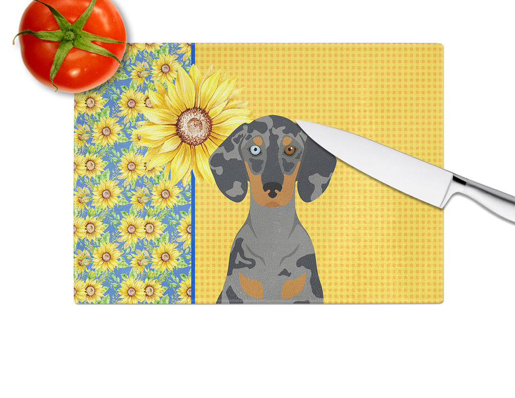 Summer Sunflowers Black Dapple Dachshund Cutting Board Tempered Glass Kitchen Cutting Surface, Heat Resistant Chopping, Non-Slip Feet, Food Prep & Serving