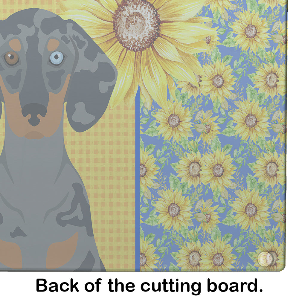 Summer Sunflowers Black Dapple Dachshund Cutting Board Tempered Glass Kitchen Cutting Surface, Heat Resistant Chopping, Non-Slip Feet, Food Prep & Serving