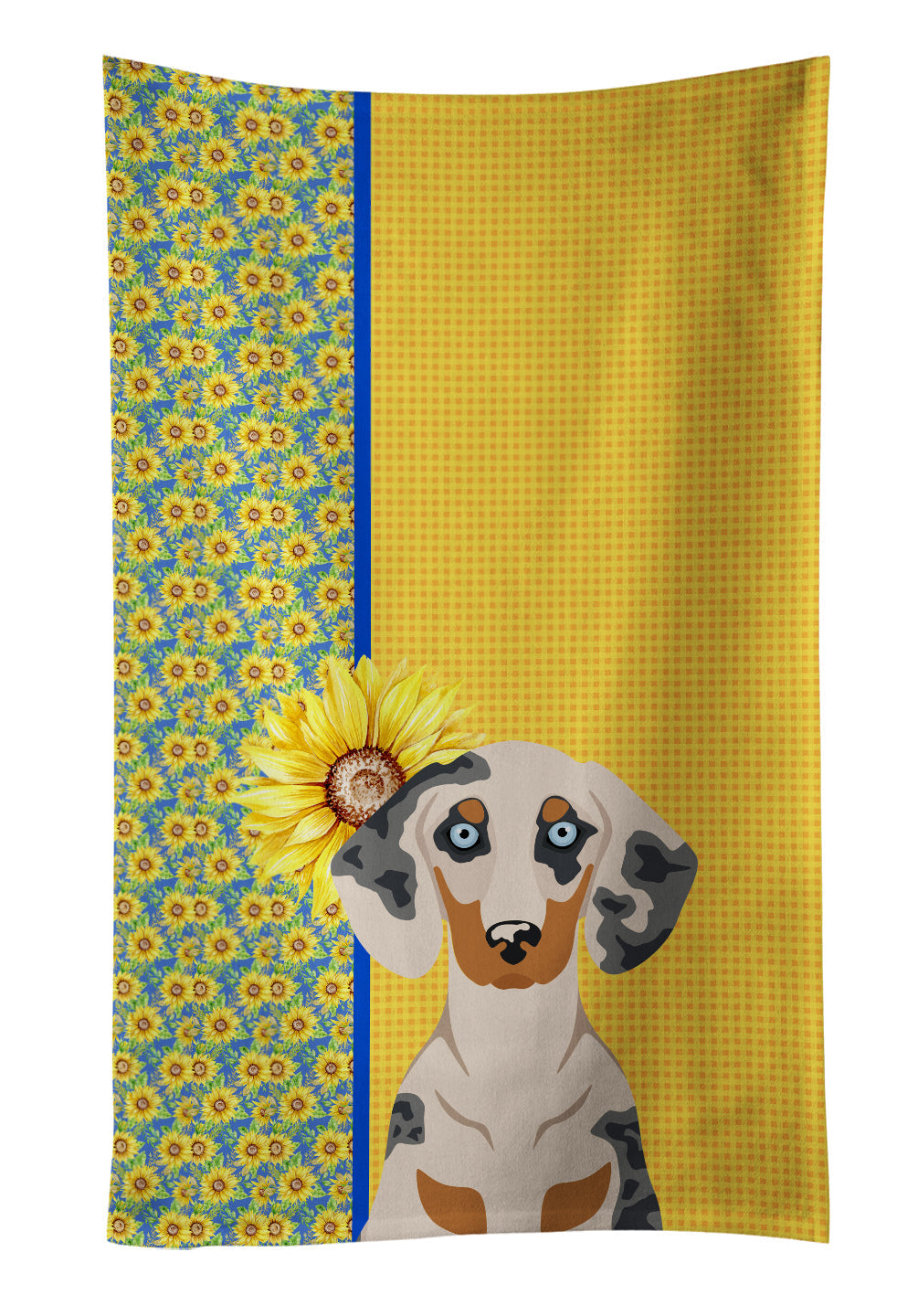 Summer Sunflowers Cream Dapple Dachshund Kitchen Towel Velour Plush Front and Cotton Loop Back Machine Washable