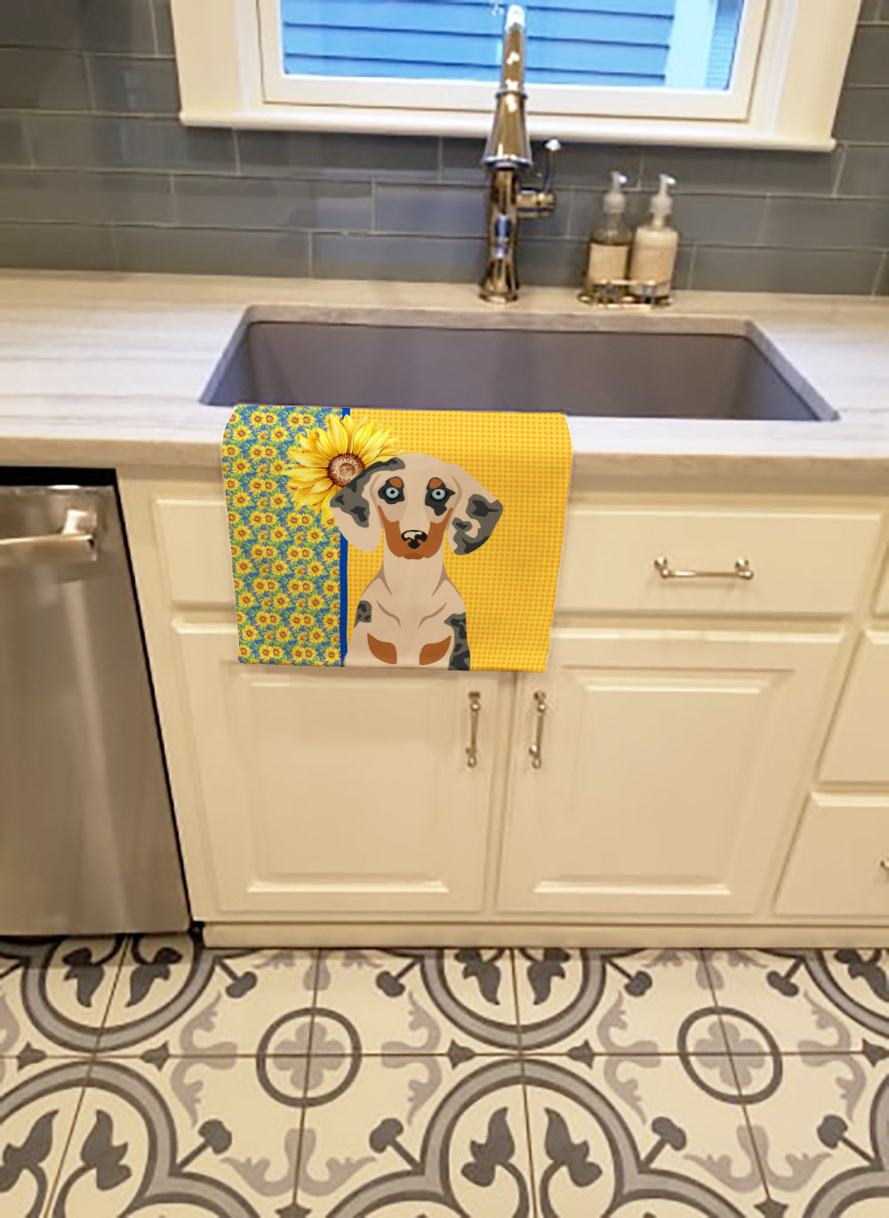 Summer Sunflowers Cream Dapple Dachshund Kitchen Towel Velour Plush Front and Cotton Loop Back Machine Washable