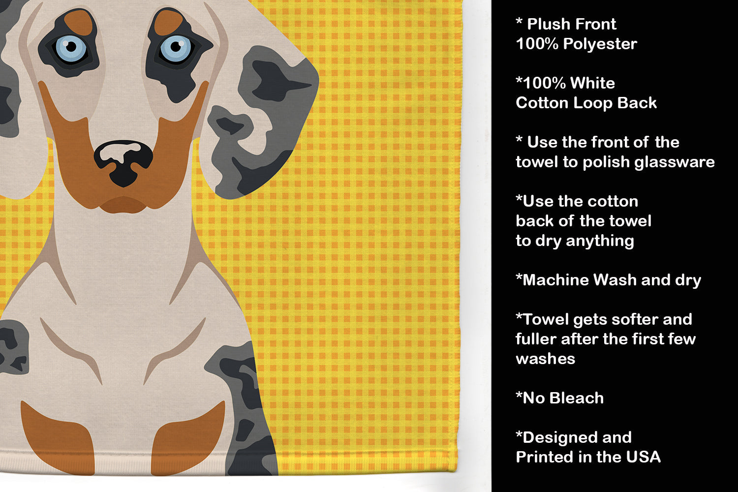 Summer Sunflowers Cream Dapple Dachshund Kitchen Towel Velour Plush Front and Cotton Loop Back Machine Washable