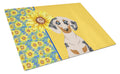 Summer Sunflowers Cream Dapple Dachshund Cutting Board Tempered Glass Kitchen Cutting Surface, Heat Resistant Chopping, Non-Slip Feet, Food Prep & Serving