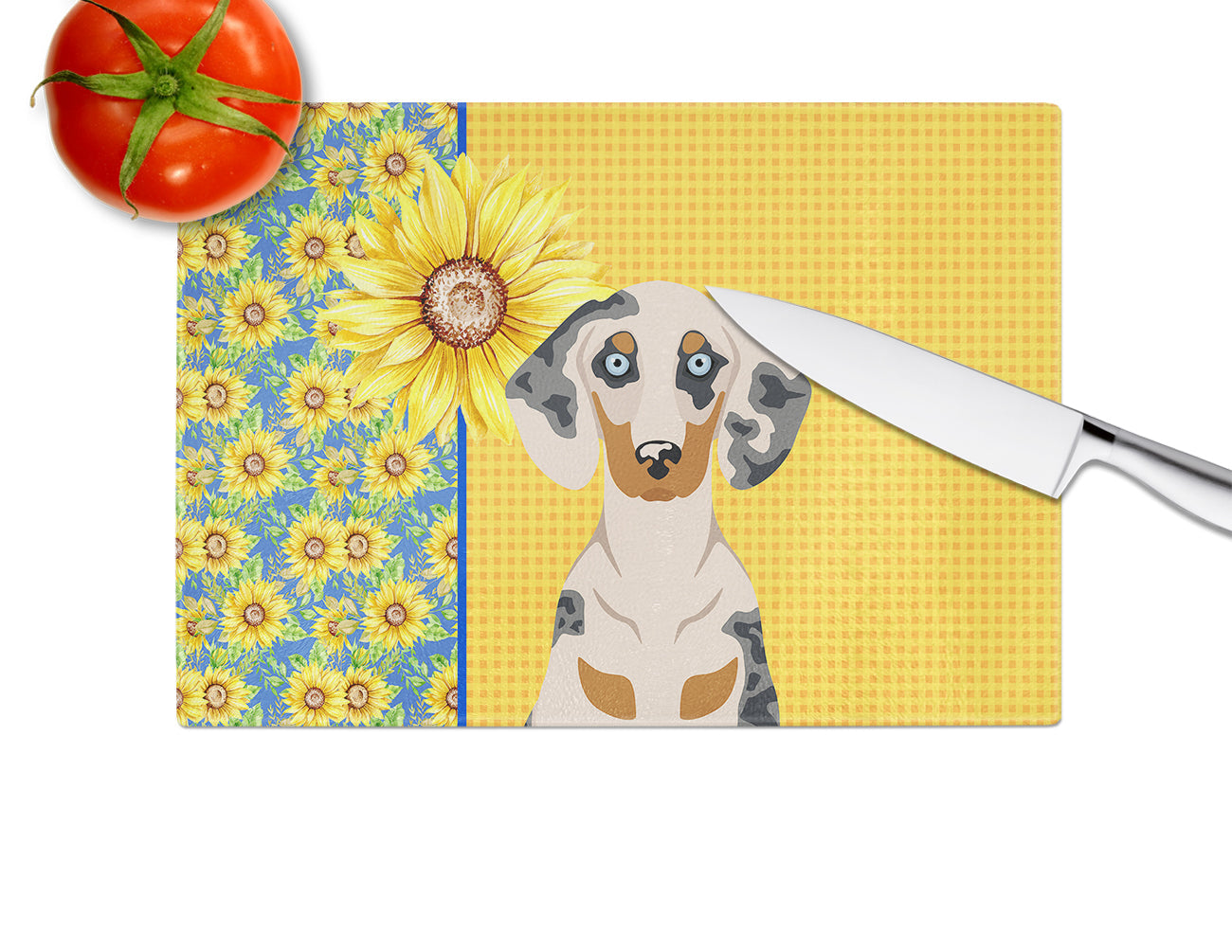 Summer Sunflowers Cream Dapple Dachshund Cutting Board Tempered Glass Kitchen Cutting Surface, Heat Resistant Chopping, Non-Slip Feet, Food Prep & Serving