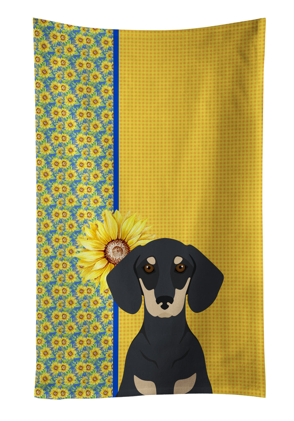 Summer Sunflowers Black and Cream Dachshund Kitchen Towel Velour Plush Front and Cotton Loop Back Machine Washable