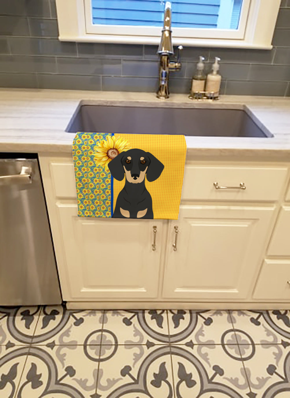 Summer Sunflowers Black and Cream Dachshund Kitchen Towel Velour Plush Front and Cotton Loop Back Machine Washable