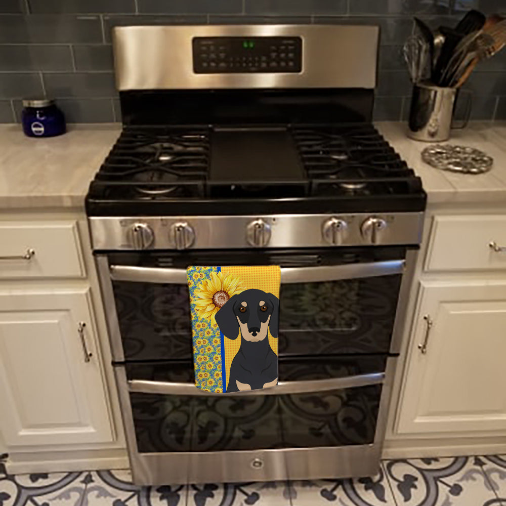 Summer Sunflowers Black and Cream Dachshund Kitchen Towel Velour Plush Front and Cotton Loop Back Machine Washable