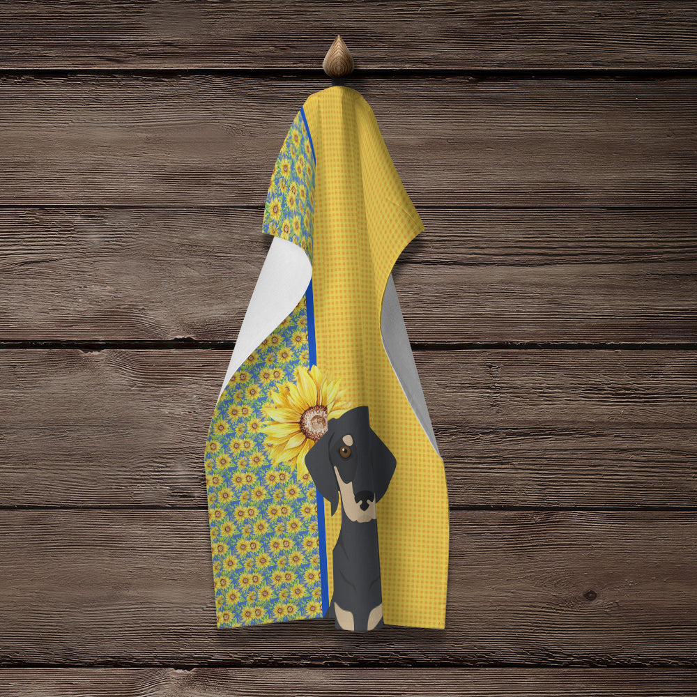 Summer Sunflowers Black and Cream Dachshund Kitchen Towel Velour Plush Front and Cotton Loop Back Machine Washable