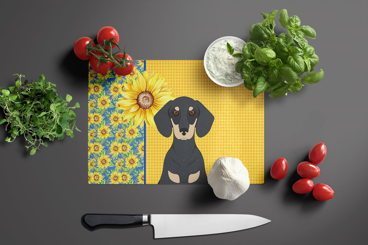 Summer Sunflowers Black and Cream Dachshund Cutting Board Tempered Glass Kitchen Cutting Surface, Heat Resistant Chopping, Non-Slip Feet, Food Prep & Serving