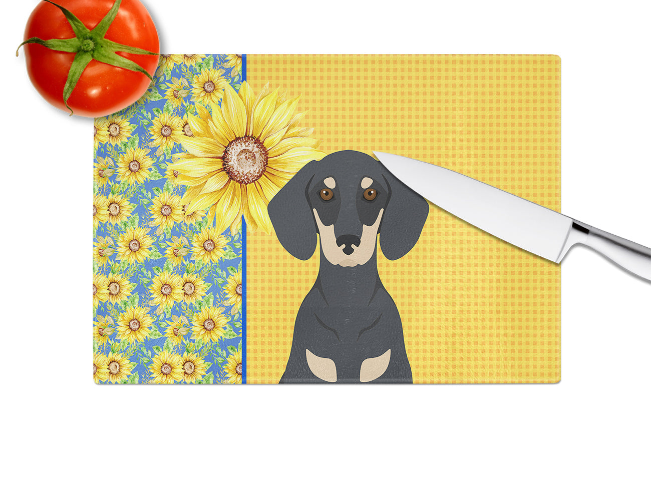 Summer Sunflowers Black and Cream Dachshund Cutting Board Tempered Glass Kitchen Cutting Surface, Heat Resistant Chopping, Non-Slip Feet, Food Prep & Serving