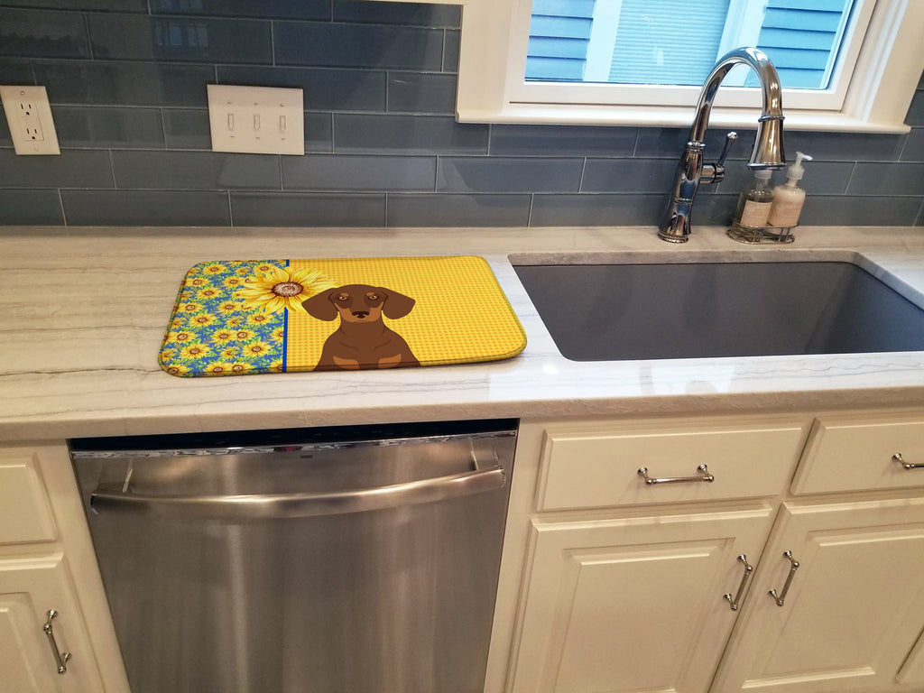 Summer Sunflowers Chocolate and Tan Dachshund Dish Drying Mat Absorbent Dish Drying Mat Pad for Kitchen Counter Dish Drainer Mat for Countertop, 14 x 21", Multicolor