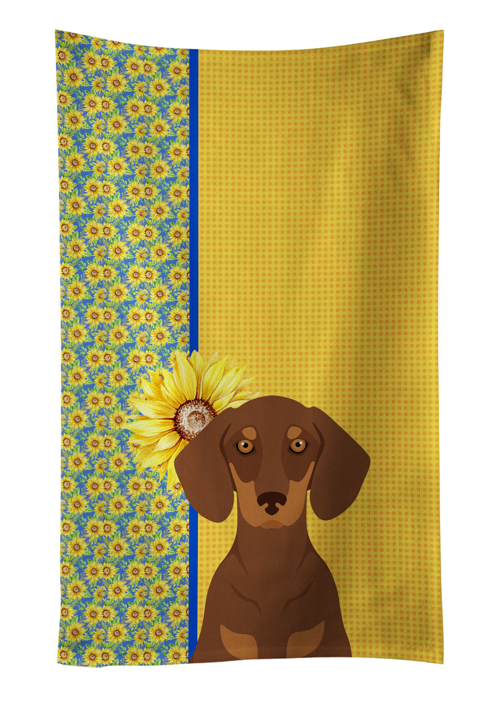 Summer Sunflowers Chocolate and Tan Dachshund Kitchen Towel Velour Plush Front and Cotton Loop Back Machine Washable