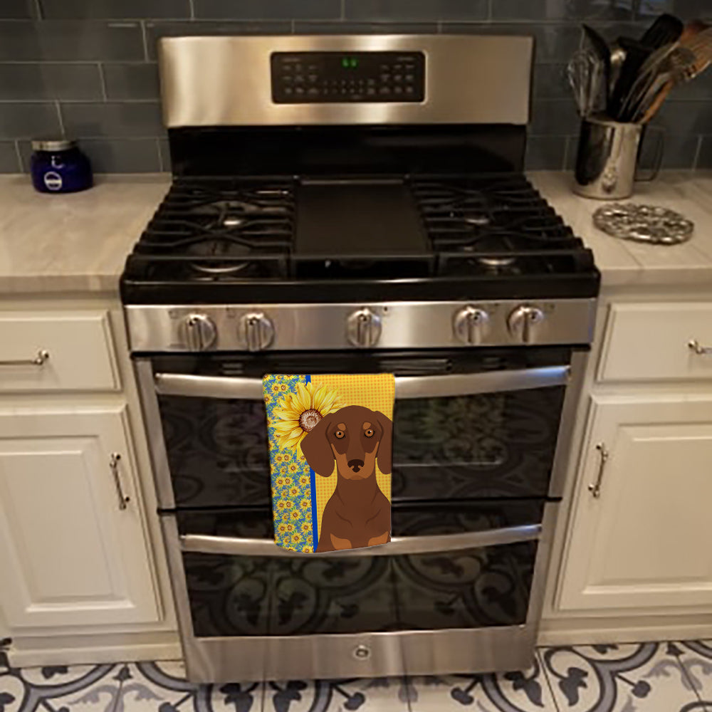 Summer Sunflowers Chocolate and Tan Dachshund Kitchen Towel Velour Plush Front and Cotton Loop Back Machine Washable