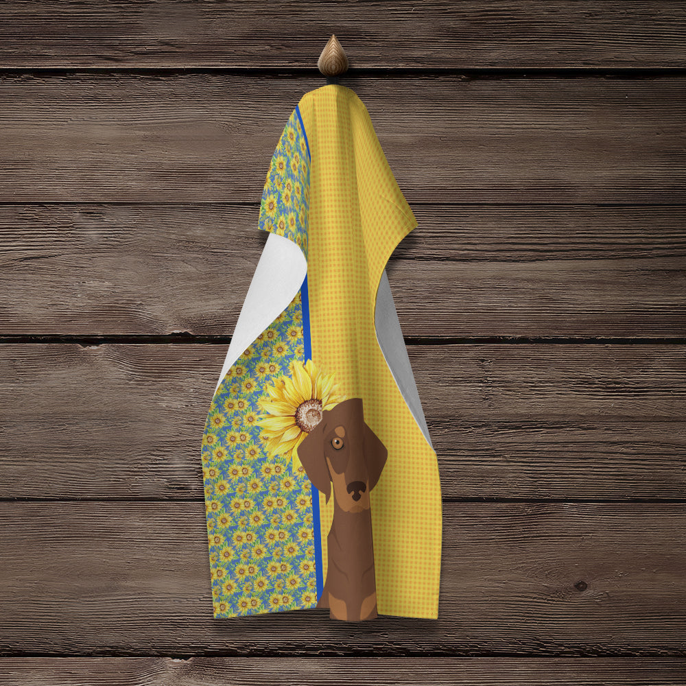Summer Sunflowers Chocolate and Tan Dachshund Kitchen Towel Velour Plush Front and Cotton Loop Back Machine Washable