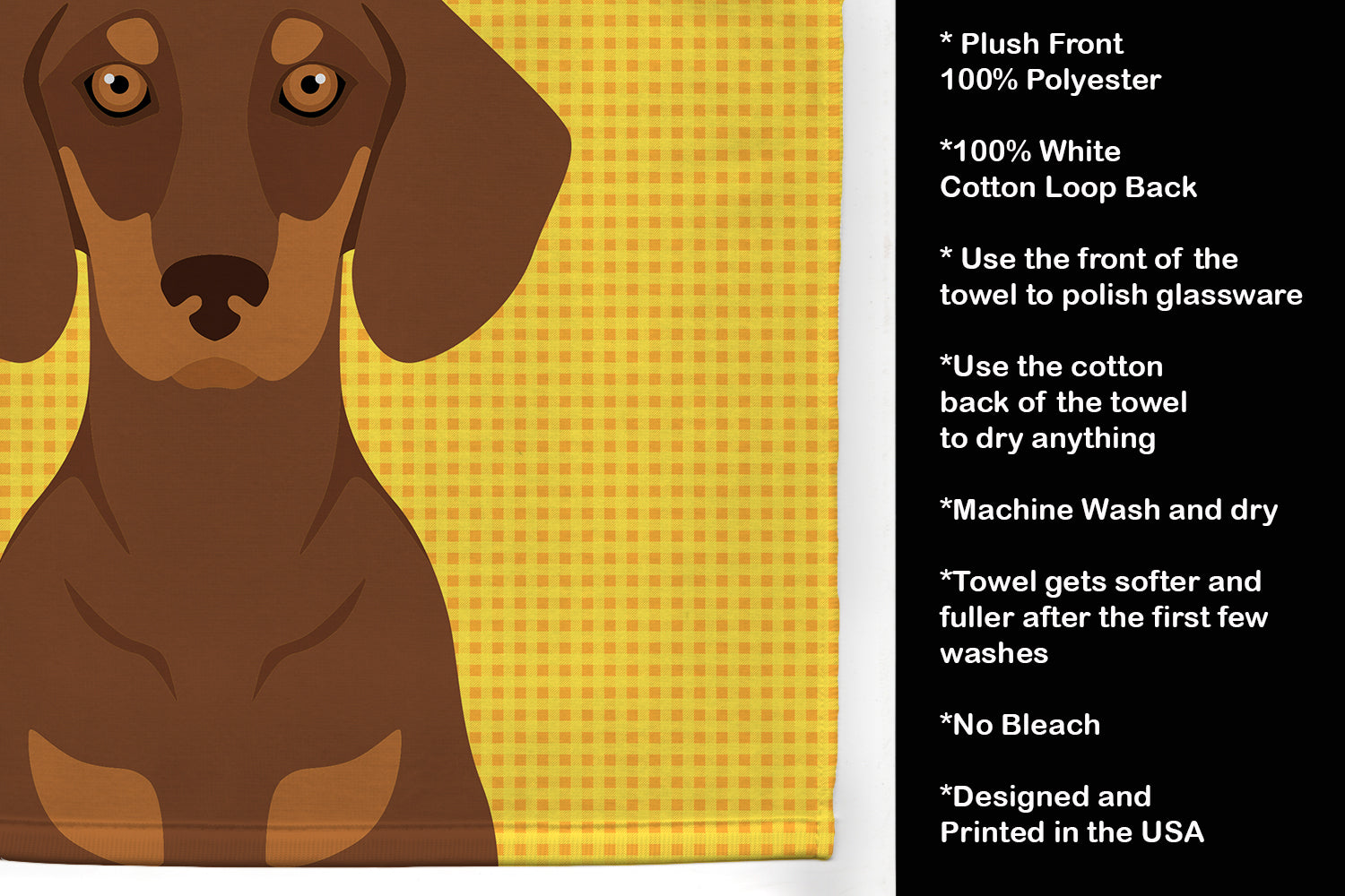 Summer Sunflowers Chocolate and Tan Dachshund Kitchen Towel Velour Plush Front and Cotton Loop Back Machine Washable