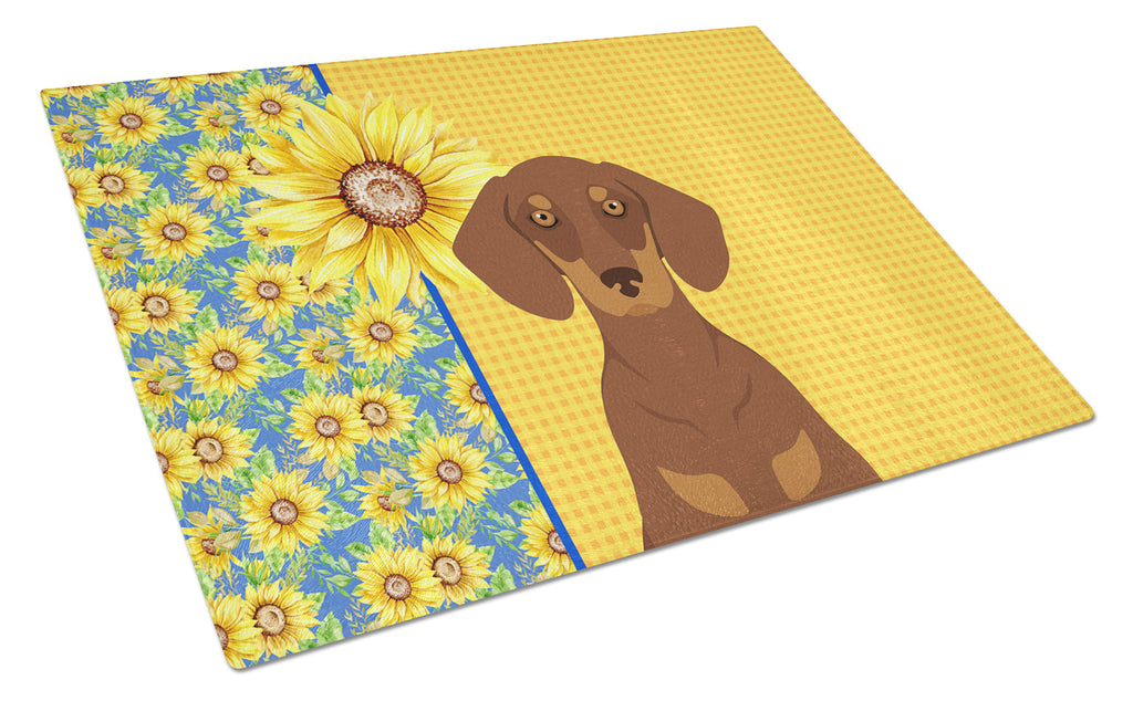 Summer Sunflowers Chocolate and Tan Dachshund Cutting Board Tempered Glass Kitchen Cutting Surface, Heat Resistant Chopping, Non-Slip Feet, Food Prep & Serving