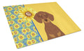 Summer Sunflowers Chocolate and Tan Dachshund Cutting Board Tempered Glass Kitchen Cutting Surface, Heat Resistant Chopping, Non-Slip Feet, Food Prep & Serving