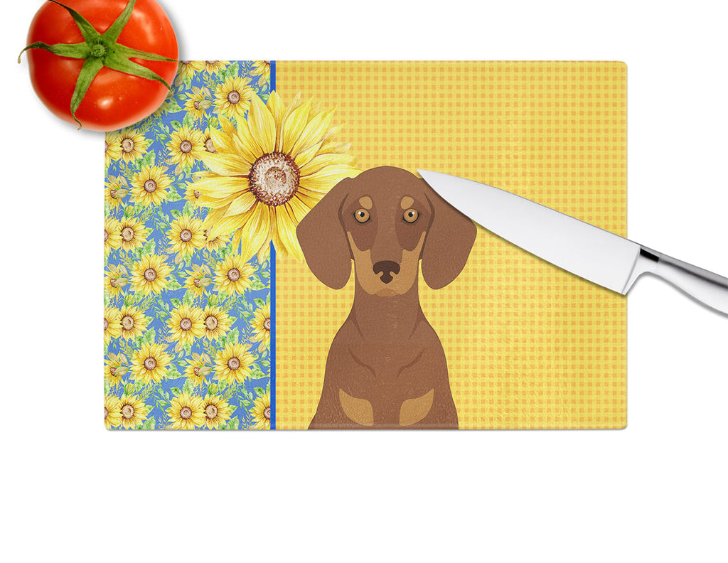 Summer Sunflowers Chocolate and Tan Dachshund Cutting Board Tempered Glass Kitchen Cutting Surface, Heat Resistant Chopping, Non-Slip Feet, Food Prep & Serving