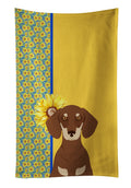 Summer Sunflowers Chocolate and Cream Dachshund Kitchen Towel Velour Plush Front and Cotton Loop Back Machine Washable