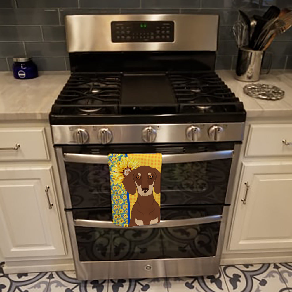 Summer Sunflowers Chocolate and Cream Dachshund Kitchen Towel Velour Plush Front and Cotton Loop Back Machine Washable