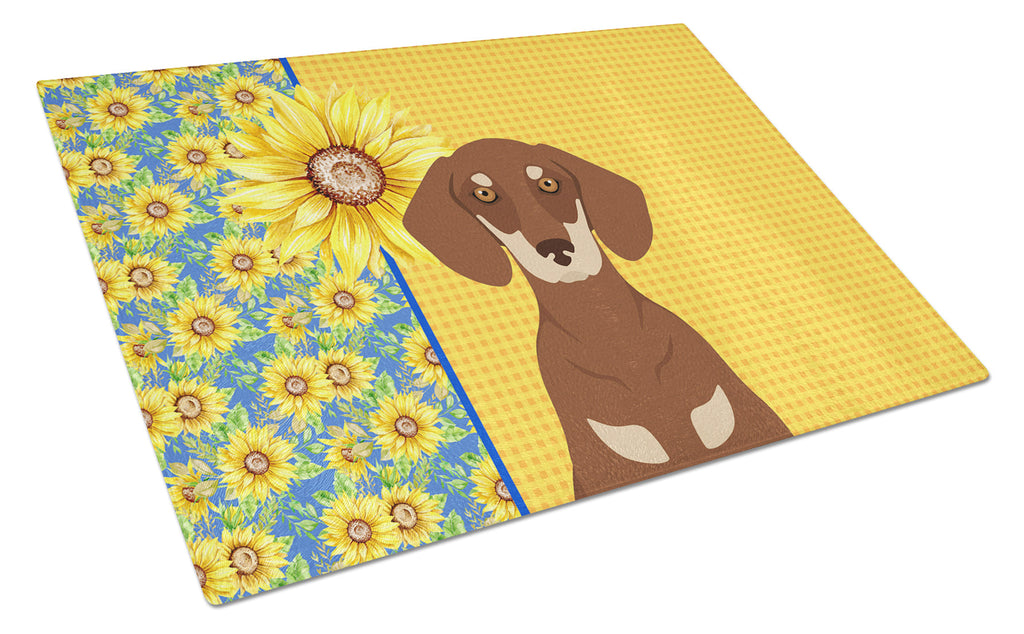 Summer Sunflowers Chocolate and Cream Dachshund Cutting Board Tempered Glass Kitchen Cutting Surface, Heat Resistant Chopping, Non-Slip Feet, Food Prep & Serving