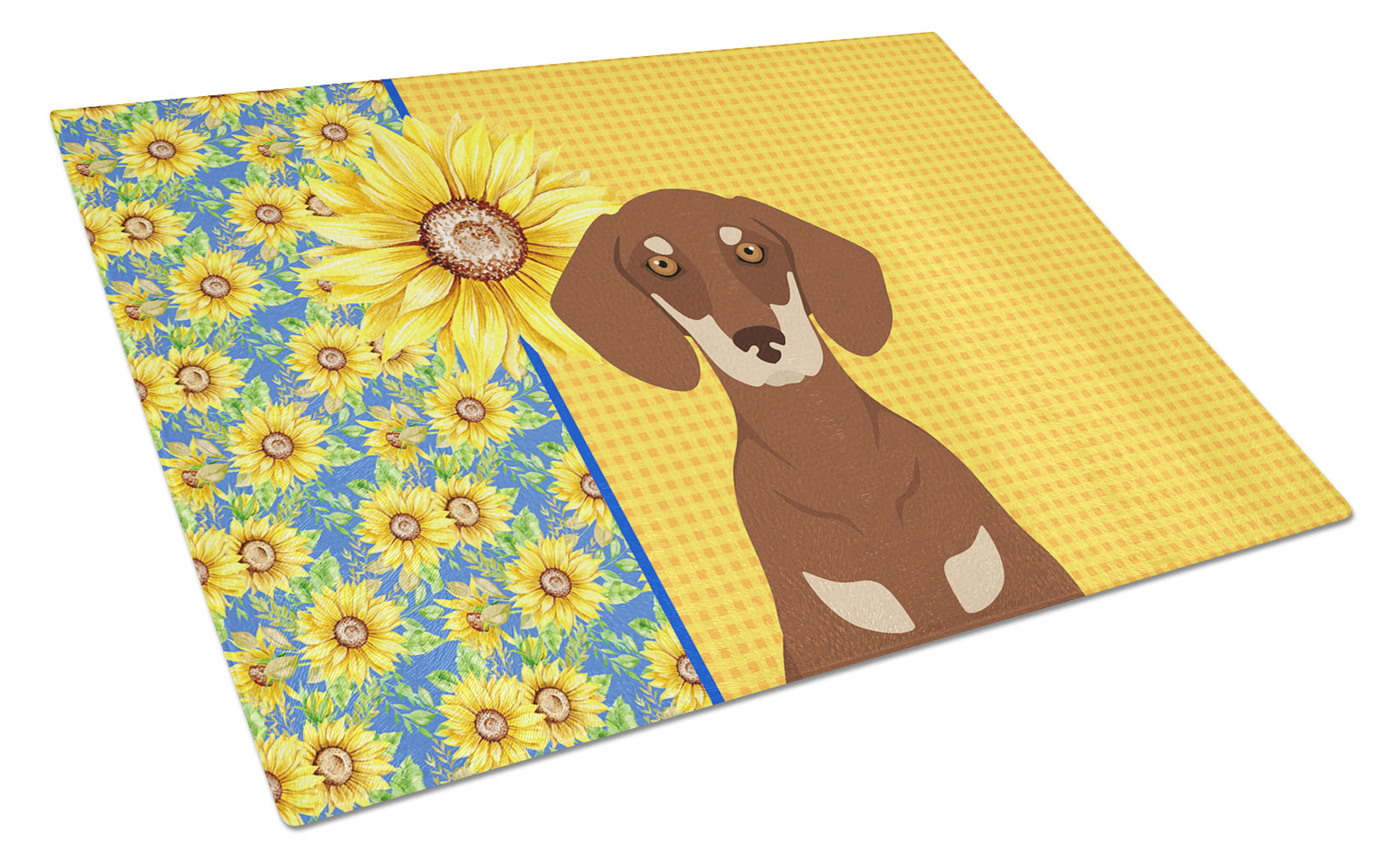 Summer Sunflowers Chocolate and Cream Dachshund Cutting Board Tempered Glass Kitchen Cutting Surface, Heat Resistant Chopping, Non-Slip Feet, Food Prep & Serving