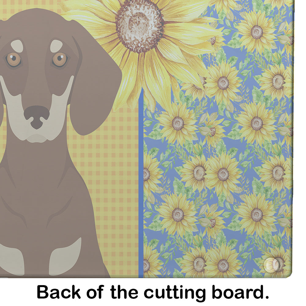 Summer Sunflowers Chocolate and Cream Dachshund Cutting Board Tempered Glass Kitchen Cutting Surface, Heat Resistant Chopping, Non-Slip Feet, Food Prep & Serving