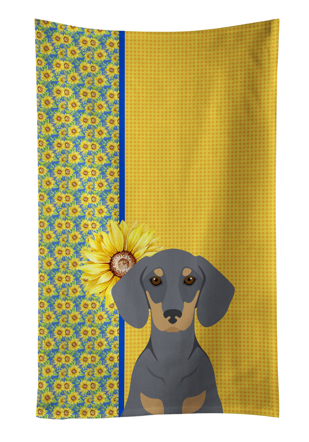 Summer Sunflowers Blue and Tan Dachshund Kitchen Towel Velour Plush Front and Cotton Loop Back Machine Washable