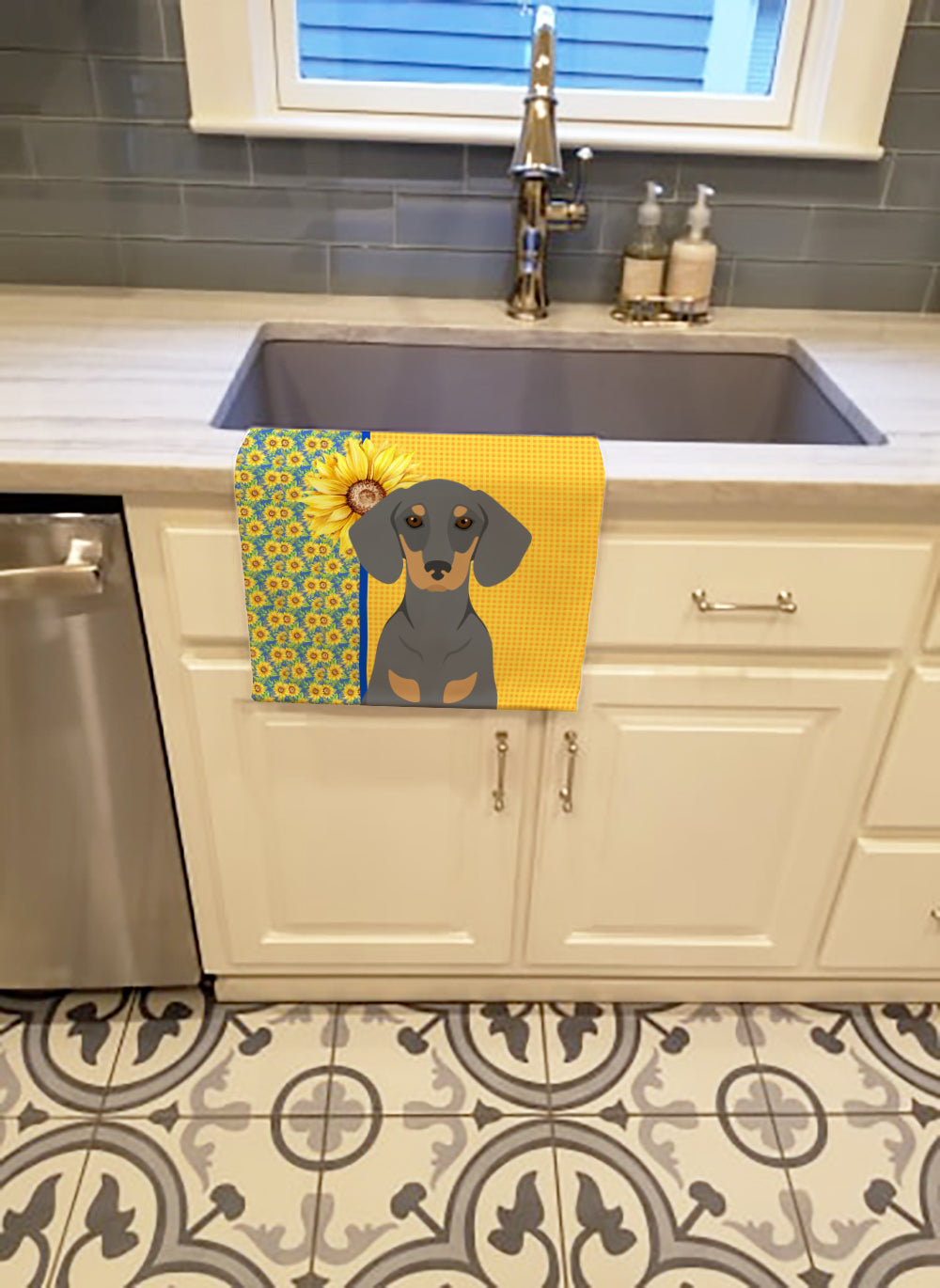 Summer Sunflowers Blue and Tan Dachshund Kitchen Towel Velour Plush Front and Cotton Loop Back Machine Washable