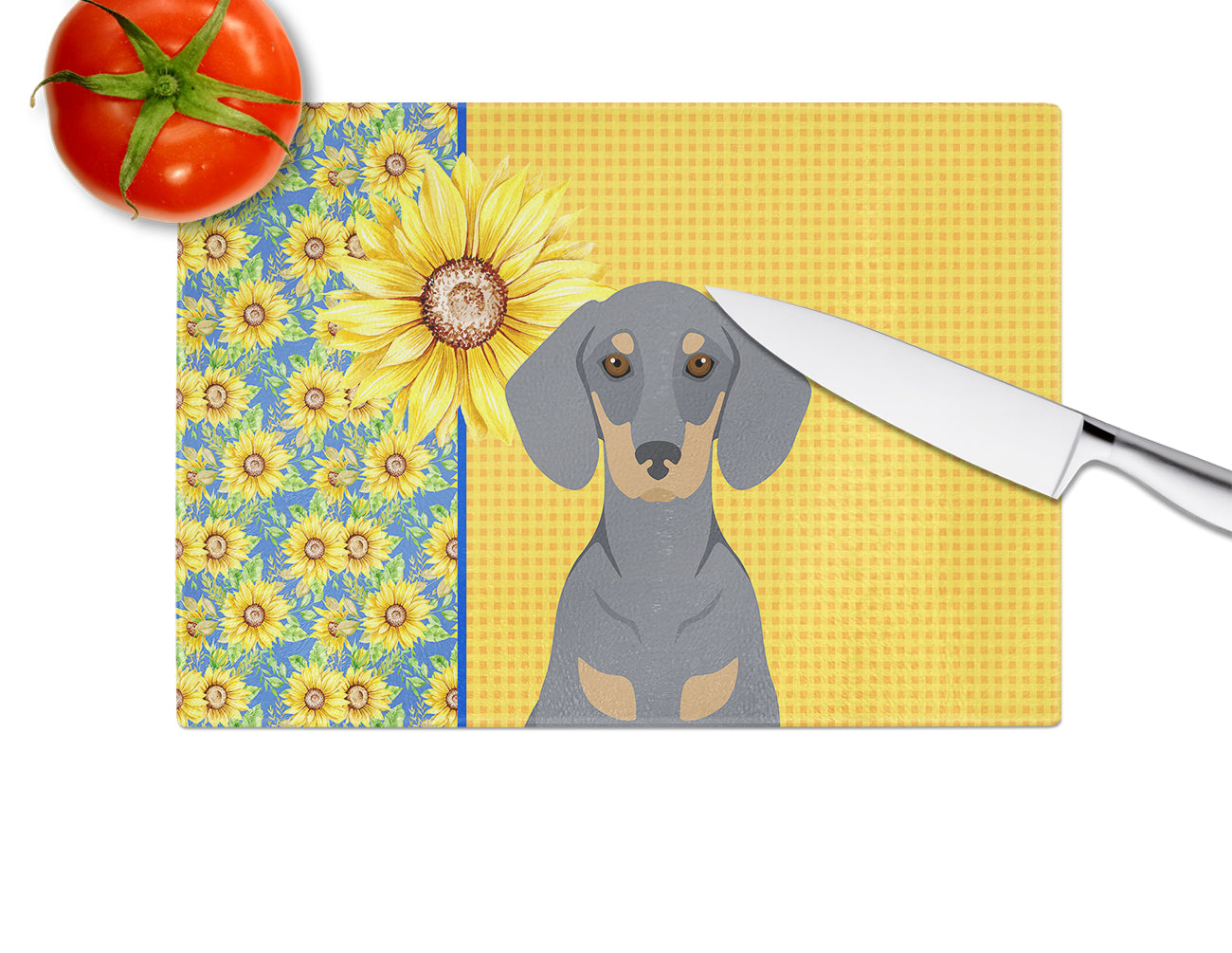 Summer Sunflowers Blue and Tan Dachshund Cutting Board Tempered Glass Kitchen Cutting Surface, Heat Resistant Chopping, Non-Slip Feet, Food Prep & Serving