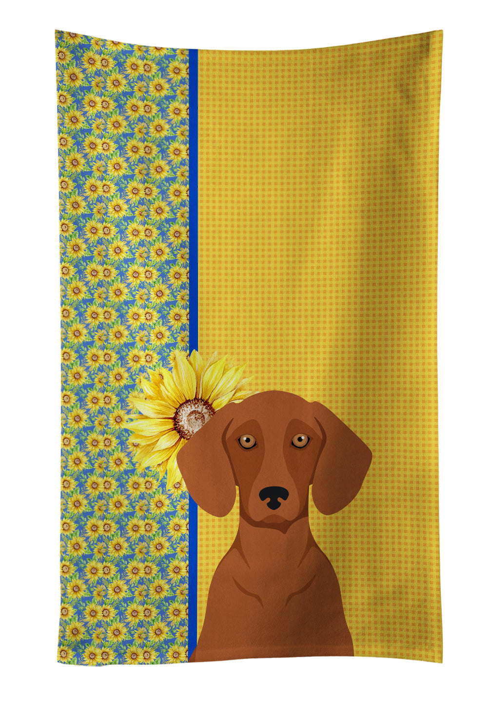 Summer Sunflowers Red Dachshund Kitchen Towel Velour Plush Front and Cotton Loop Back Machine Washable