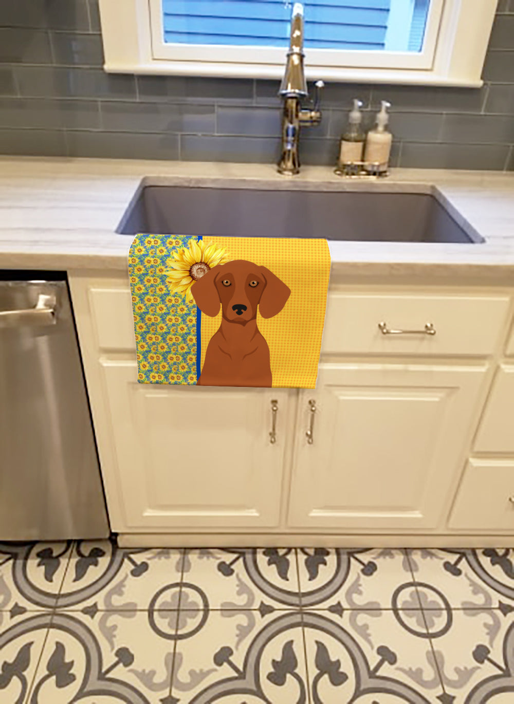 Summer Sunflowers Red Dachshund Kitchen Towel Velour Plush Front and Cotton Loop Back Machine Washable