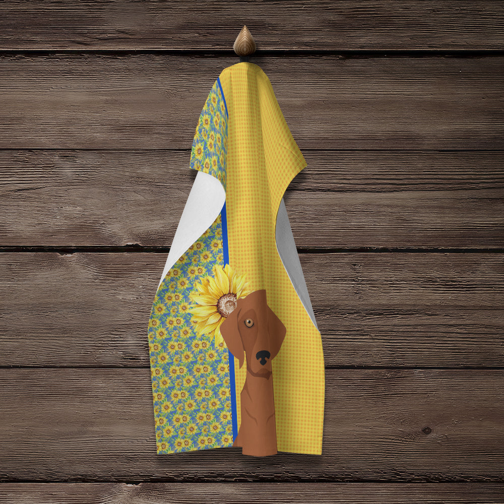 Summer Sunflowers Red Dachshund Kitchen Towel Velour Plush Front and Cotton Loop Back Machine Washable