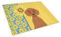Summer Sunflowers Red Dachshund Cutting Board Tempered Glass Kitchen Cutting Surface, Heat Resistant Chopping, Non-Slip Feet, Food Prep & Serving