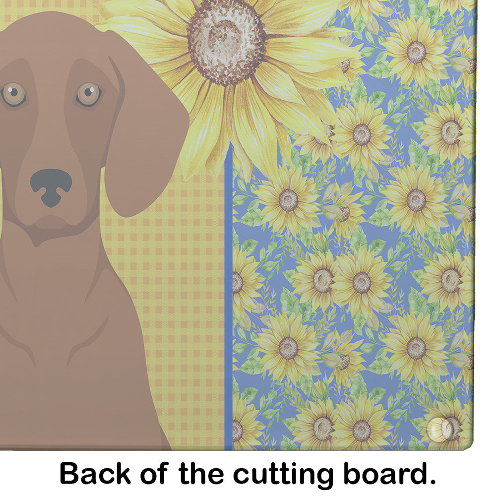 Summer Sunflowers Red Dachshund Cutting Board Tempered Glass Kitchen Cutting Surface, Heat Resistant Chopping, Non-Slip Feet, Food Prep & Serving