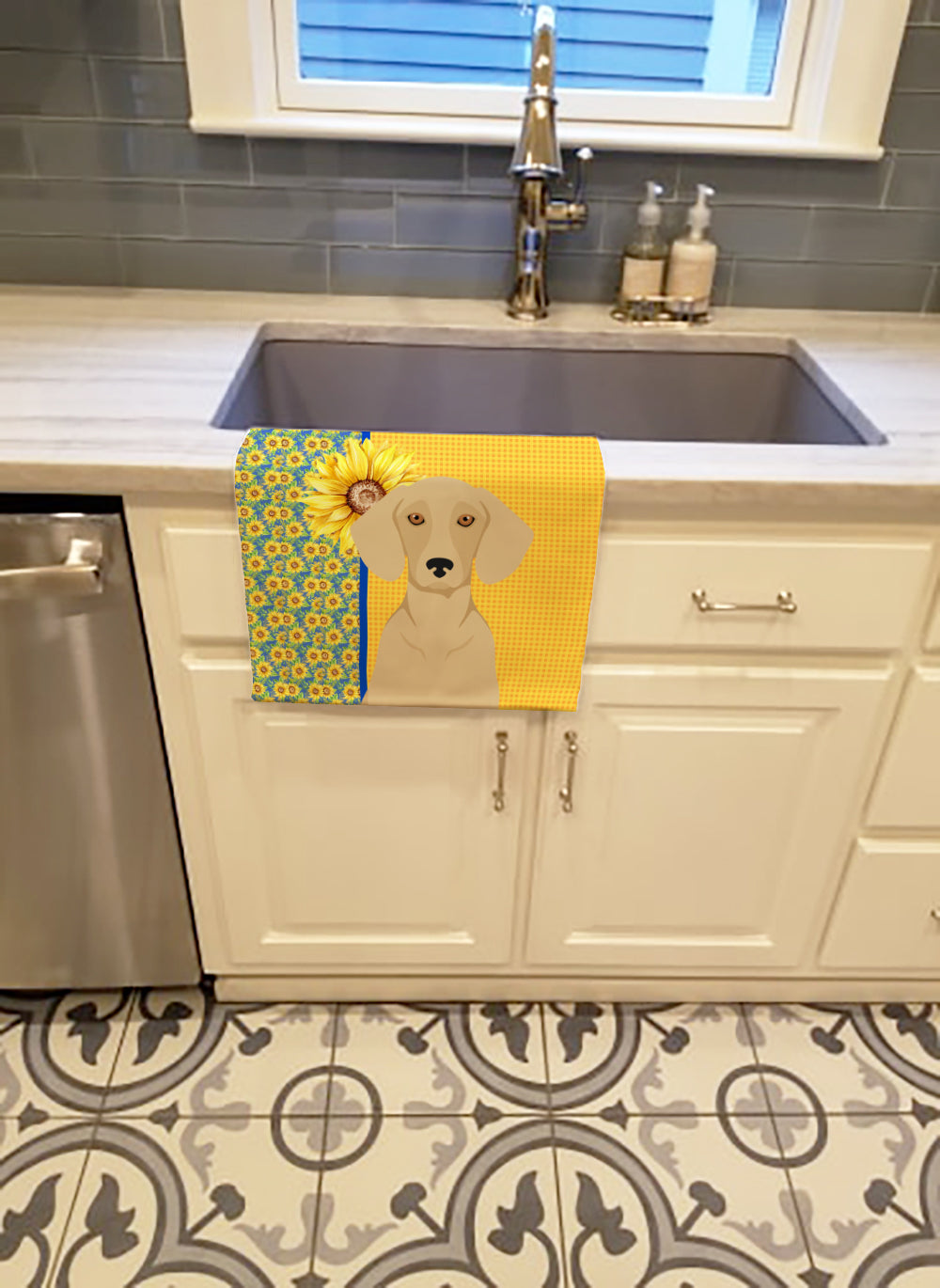 Summer Sunflowers Cream Dachshund Kitchen Towel Velour Plush Front and Cotton Loop Back Machine Washable
