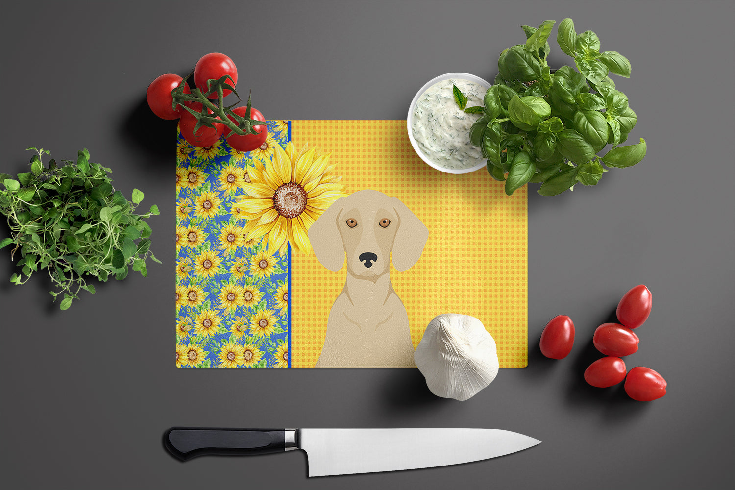 Summer Sunflowers Cream Dachshund Cutting Board Tempered Glass Kitchen Cutting Surface, Heat Resistant Chopping, Non-Slip Feet, Food Prep & Serving