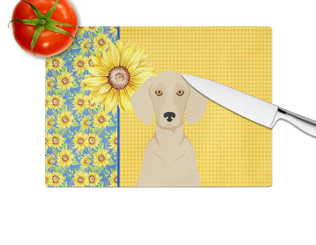 Summer Sunflowers Cream Dachshund Cutting Board Tempered Glass Kitchen Cutting Surface, Heat Resistant Chopping, Non-Slip Feet, Food Prep & Serving