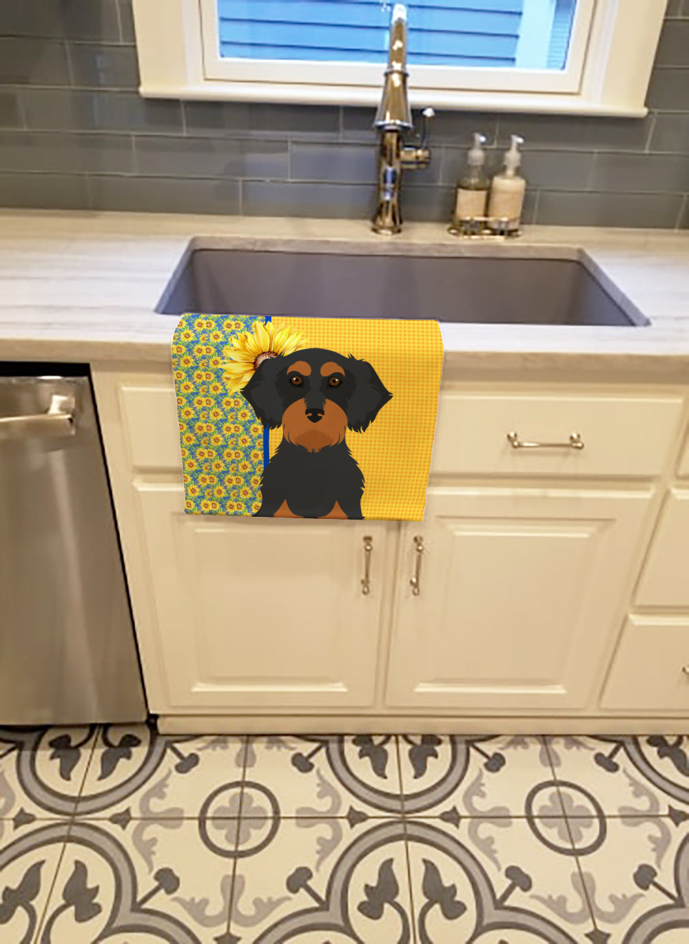 Summer Sunflowers Wirehair Black and Tan Dachshund Kitchen Towel Velour Plush Front and Cotton Loop Back Machine Washable