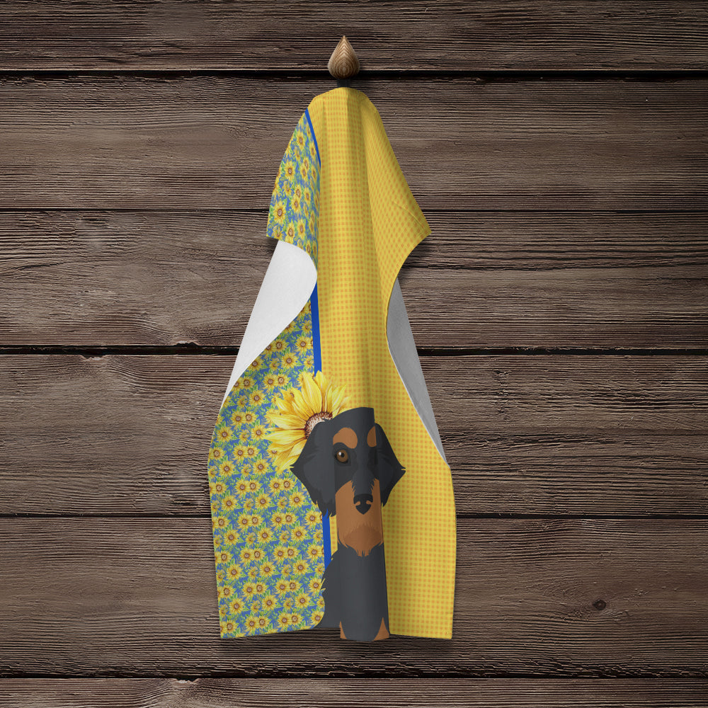 Summer Sunflowers Wirehair Black and Tan Dachshund Kitchen Towel Velour Plush Front and Cotton Loop Back Machine Washable