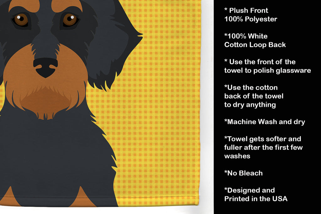 Summer Sunflowers Wirehair Black and Tan Dachshund Kitchen Towel Velour Plush Front and Cotton Loop Back Machine Washable