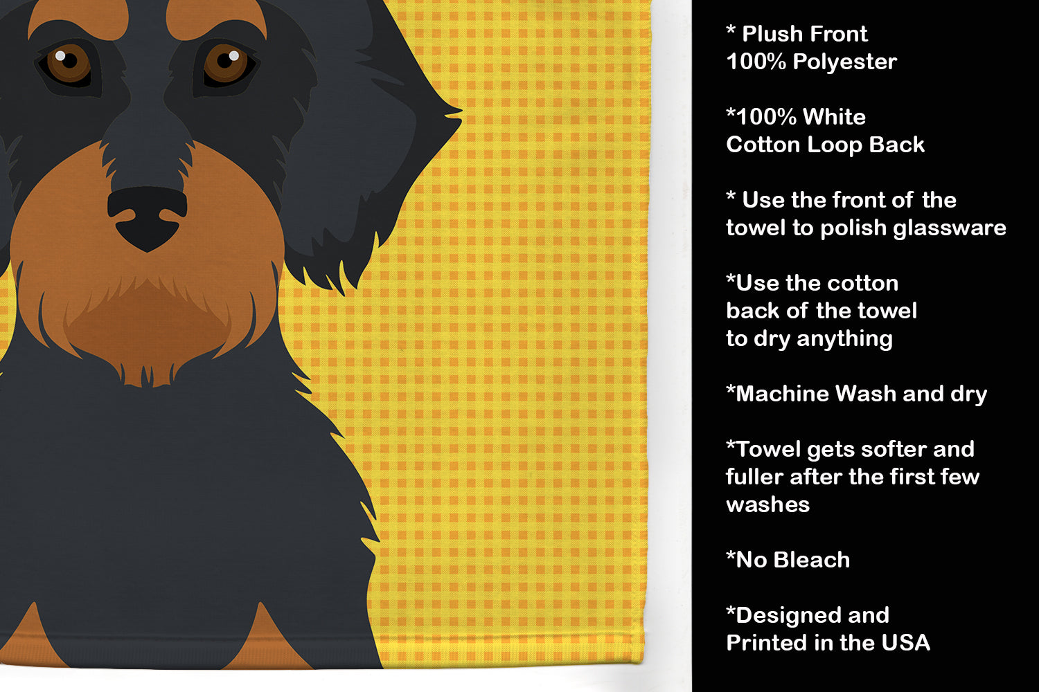 Summer Sunflowers Wirehair Black and Tan Dachshund Kitchen Towel Velour Plush Front and Cotton Loop Back Machine Washable