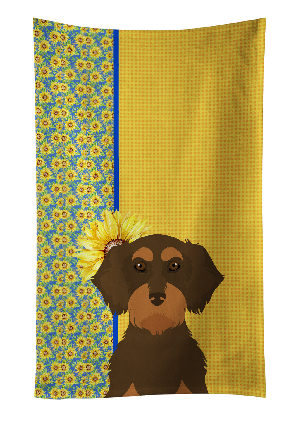 Summer Sunflowers Wirehair Chocolate and Tan Dachshund Kitchen Towel Velour Plush Front and Cotton Loop Back Machine Washable